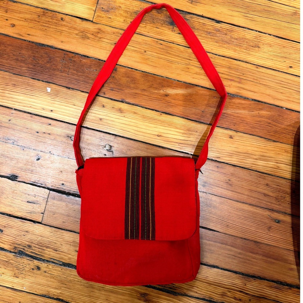 Handmade Crossbody Bag Red Cotton Striped Boho Made in Guatemala Festival